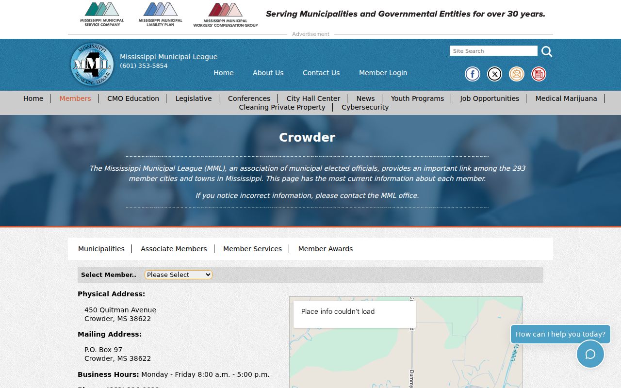 Official Crowder municipal profile and town hall contact